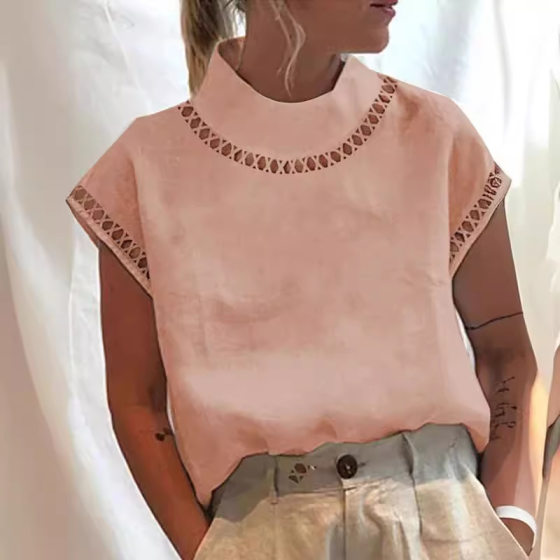 Amazon wish AliExpress 2023 New European and American Women's Lace Hollow Cotton Linen V-neck Shirt Women's