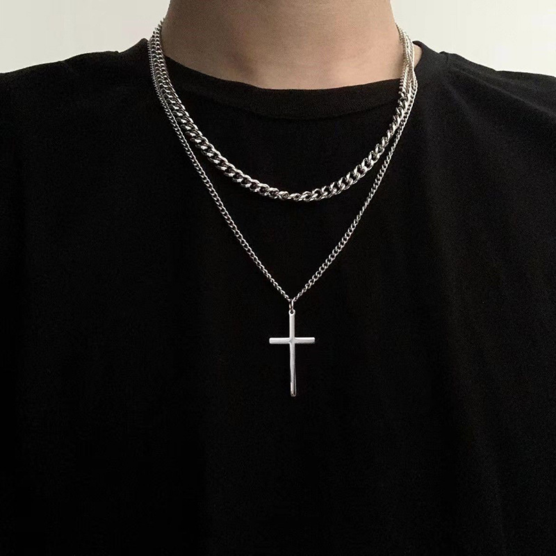 Collier croix double rang pour homme, style coréen tendance, élégant, à la mode, de style européen et américain, unique_voghion.com