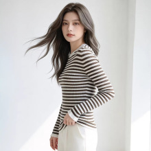 桑蚕丝条纹百搭修身显瘦女针织打底衫羊毛毛衣薄款设计感洋气跨境