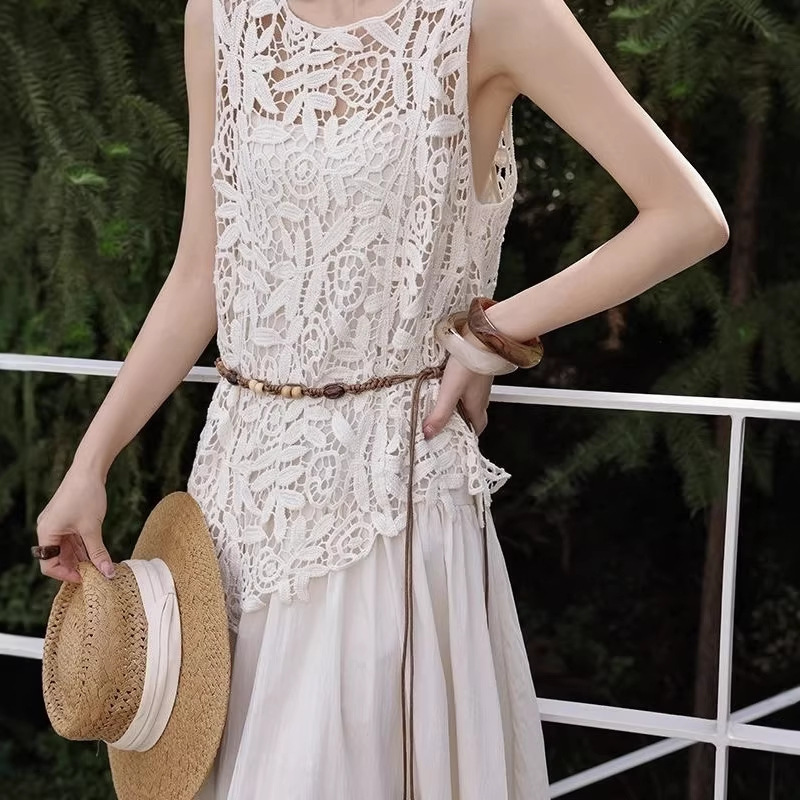 Summer New Bohemian Style Heavy Lace Hollow-Out Knit Camisole Sleeveless Irregular Cover-Up Top for Women