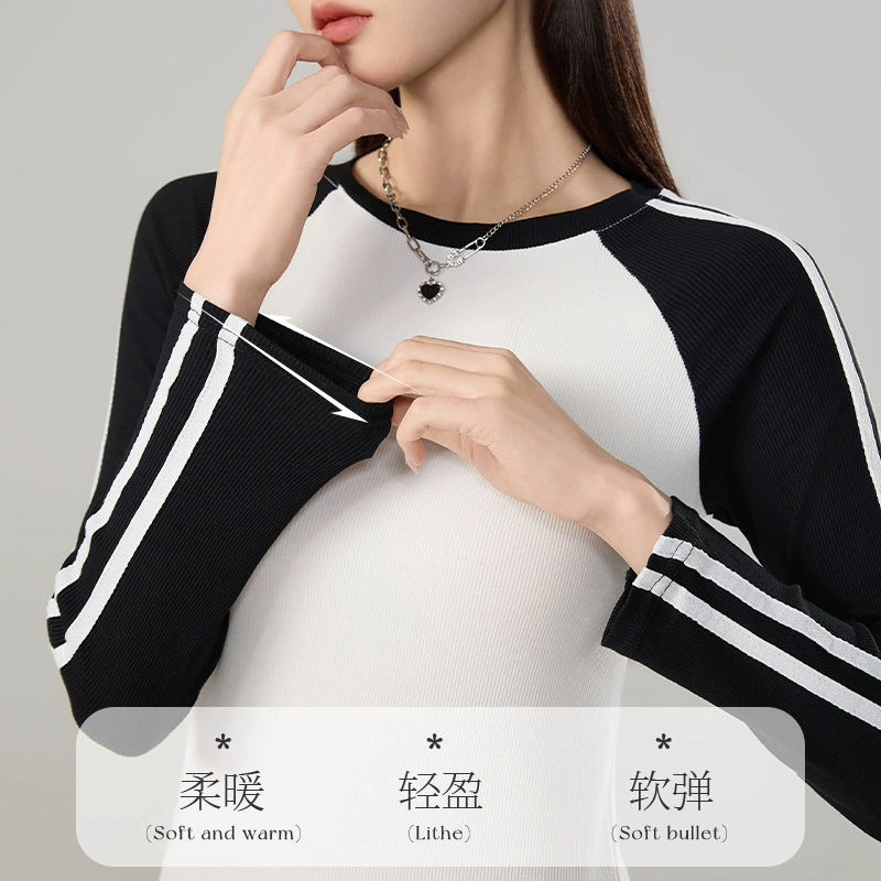 Ретро осень длинный рукав, термобелье с круглым воротником, футболка, Slim fit