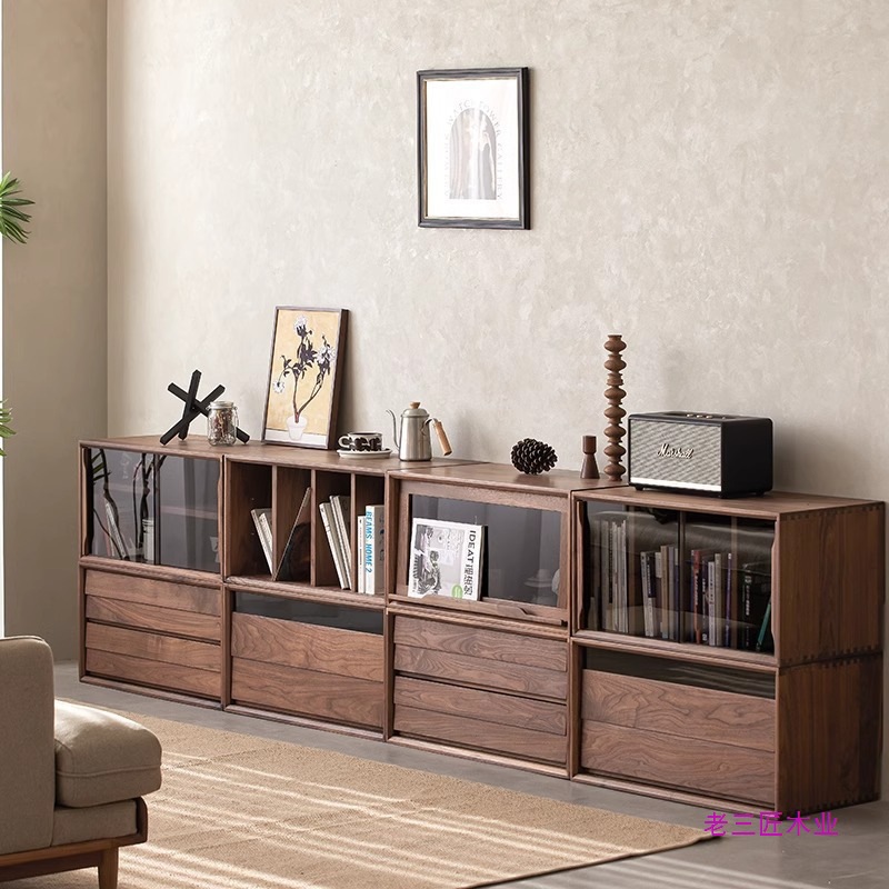 North American Black Walnut Solid Wood Cabinet Low Cabinet Multi-Functional Home Tv Cabinet Free Combination Storage Cabinet Floor-Standing Bookcase