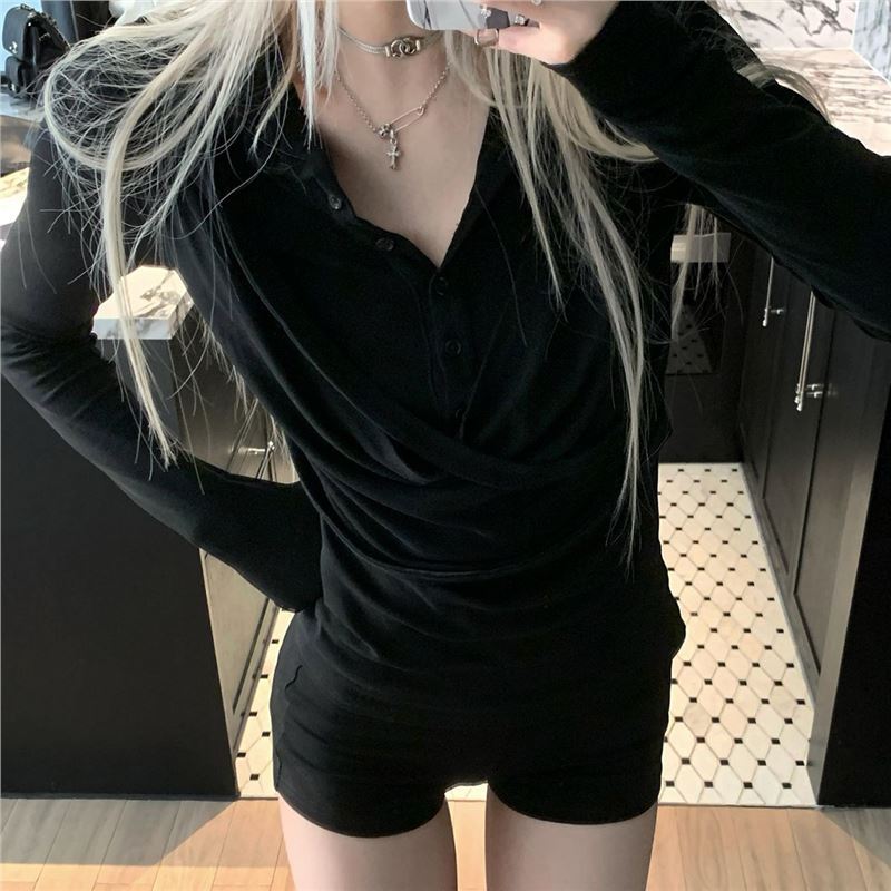 辣妹纯欲假两件荡领T恤女秋季设计感收腰打底衫内搭修身气质上衣|undefined