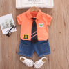 Summer shirt for early age for boys, tie, jeans, trousers, set, children's clothing, with little bears