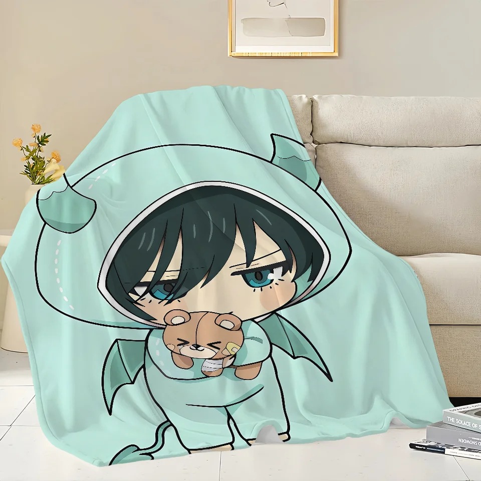 跨境专供Q版动漫角色恶魔装抱小熊造型图案法兰绒毛毯柔软午睡毯