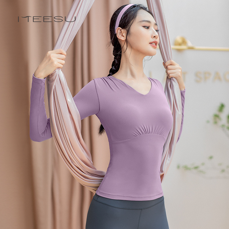 Meisu Yoga Clothing Top Women's Long-sleeved Pilates Sports Fitness Clothing Autumn and Winter Micro-pleated Training Clothing with Chest Pad