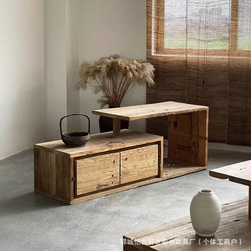 Wabi-Sabi Style Old Elm Tv Cabinet Living Room Retro Decorative Low Cabinet Floor-Standing Solid Wood Zen Storage Storage Cabinet