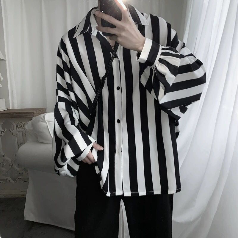 Melody Windmill Black and White Striped Shirt Men's Korean Style Trendy Summer Loose Puff Sleeve Shirt Long Sleeve Casual Shirt Melody Windmill Black and White Striped Shirt Men's Korean Style Trendy Summer Loose Puff Sleeve Shirt Long Sleeve Casual Shirt