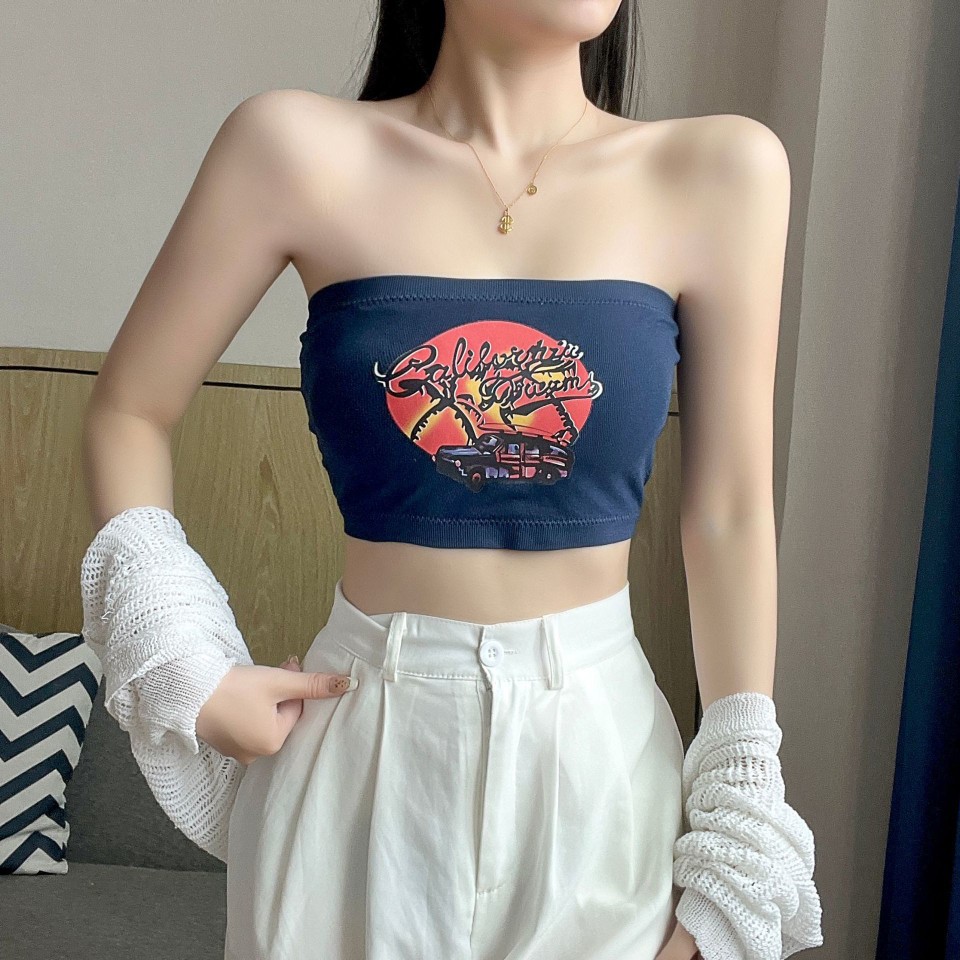 3-21 Sujetador de una sola palabra con estampado de moda de nuevo estilo sexy corto envuelto en el pecho sin tirantes top de tubo de todo fósforo