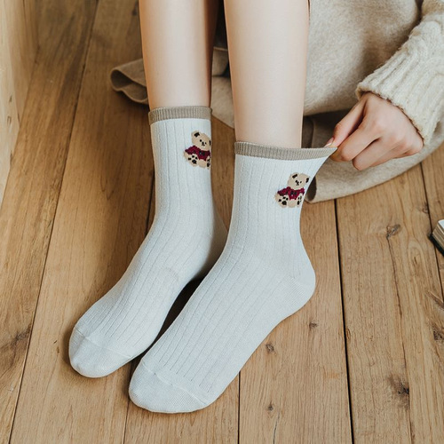 Teddy Bear Socks Women's Korean Style Medium Socks Versatile Autumn and Winter Thick Warm Stockings Women's Socks Factory Wholesale