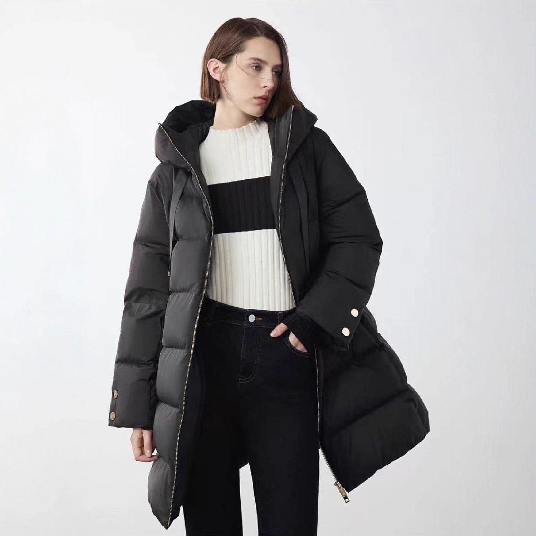 朗*商场同款女装2025冬季新品时尚设计感中长款连帽羽绒服外套