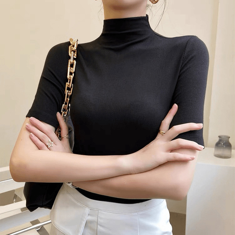 무압한 유코스 코튼 반팔베이스 셔츠 하프 터틀넥 하이 스트레치 슬림 올 매치 부드럽고 편안한 티셔츠 탑