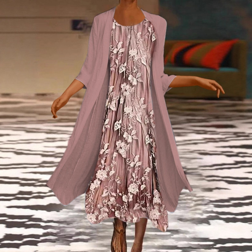 Amazon new cross-border 2021 popular long-sleeved printed cardigan dress chiffon loose waist temperament commuter women's clothing