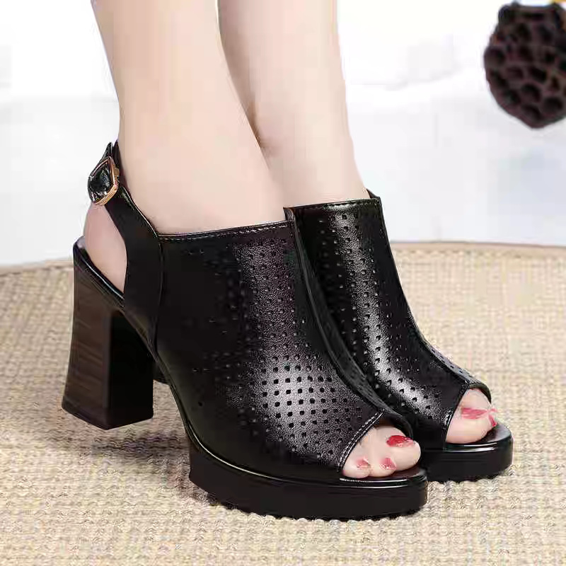 Giày sandal cao gót nữ hở mũi kiểu La Mã da thật thoáng khí — đen