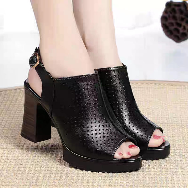 Giày sandal cao gót nữ hở mũi kiểu La Mã da thật thoáng khí — đen