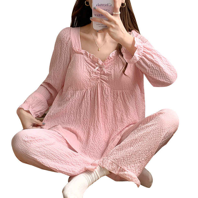 Sweet girl pink pijamas mujer tejido crepe v-cuello de algodón más tamaño de manga larga otoño e invierno ropa para el hogar con el pecho pad traje