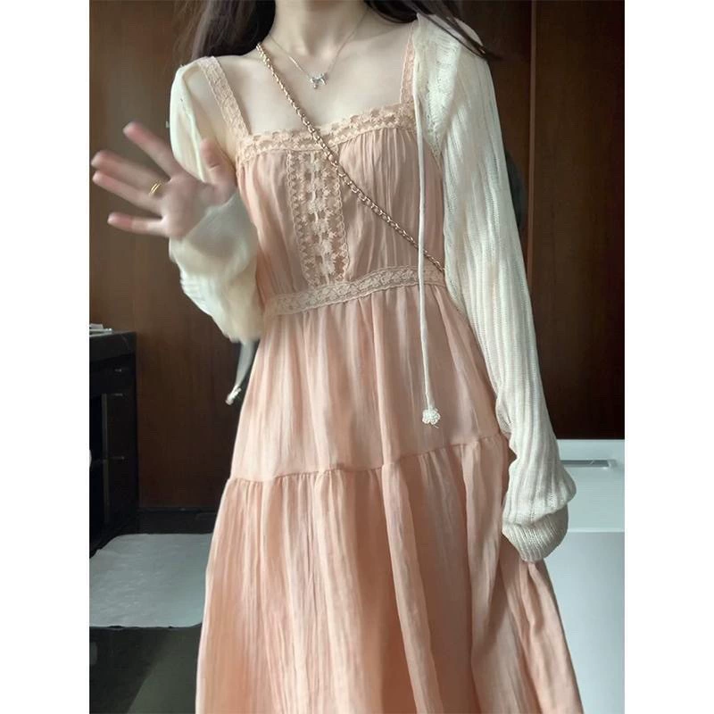 Нежное розовое платье на подтяжках Dopamine, женский летний солнцезащитный костюм, кардиган с миниатюрной талией, комплект из двух предметов