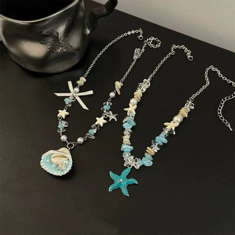 Cute Seaside Resort Style Pearl Shell Starfish Beaded Necklace for Women, Ins Fairy Niche Style, Men's Clavicle Chain Accessory