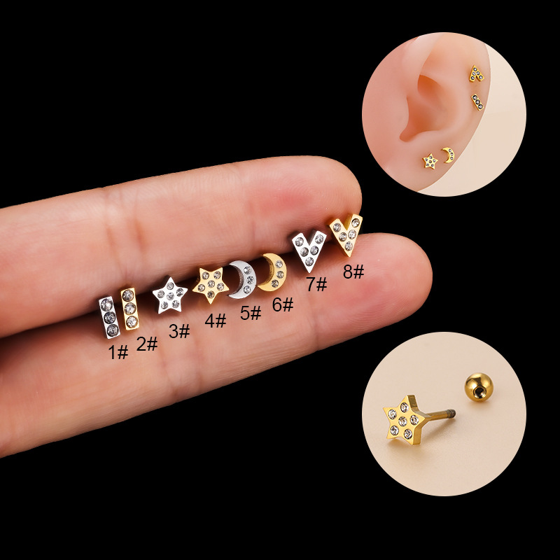 Fashion Star Stainless Steel Plating Zircon Ear Studs 1 Piece