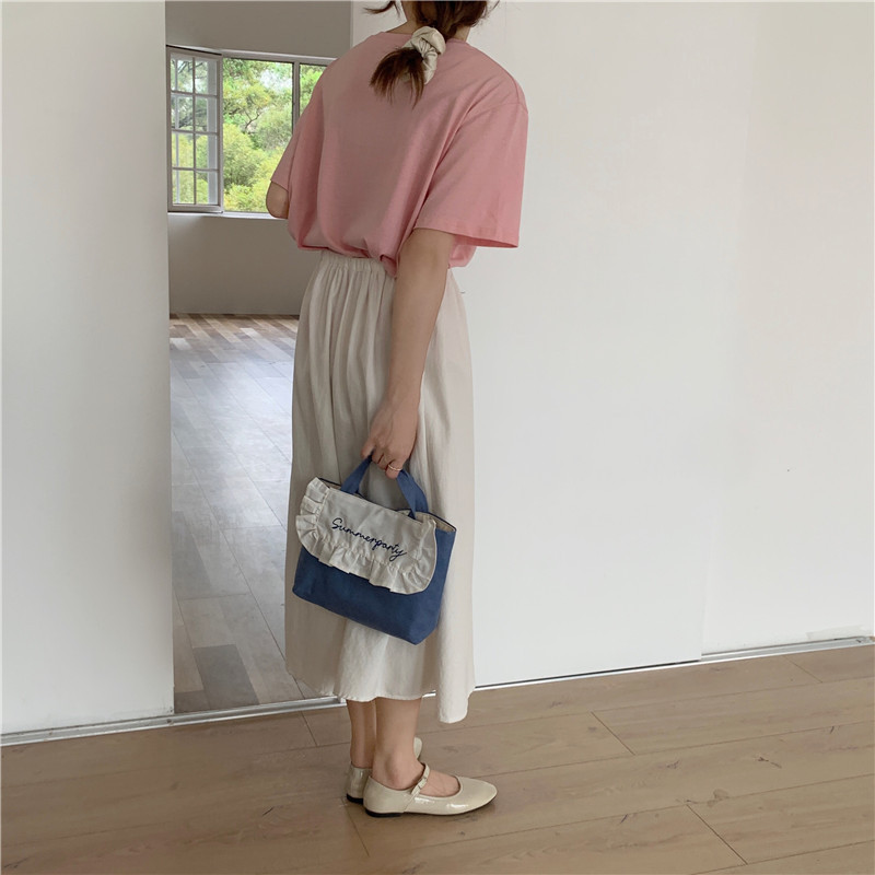 1441 Japanese and Korean chic Sweet ruffled bento Bag, Fresh embroidered hand-held small cloth bag, girl student bag wholesale undefined