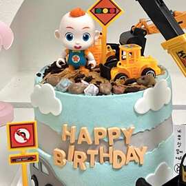 工程车主题蛋糕装饰摆件卡通挖机推土机吊机路标摆件小孩生日插件