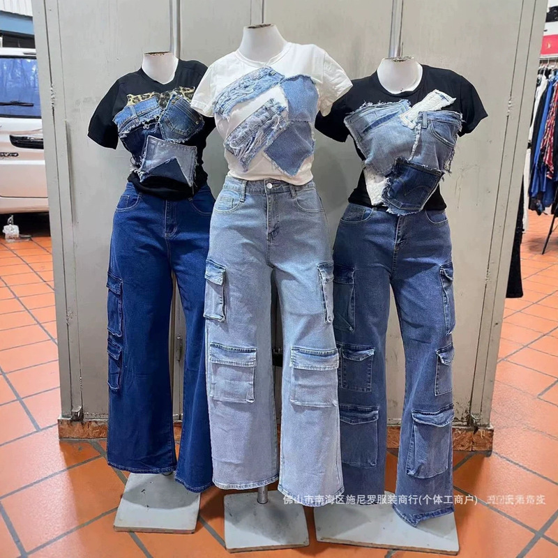 boyfriend jeans casual multi-pocket work pants women's wide-leg denim long pants wholesale cargo jeans boyfriend jeans casual multi-pocket work pants women's wide-leg denim long pants wholesale cargo jeans