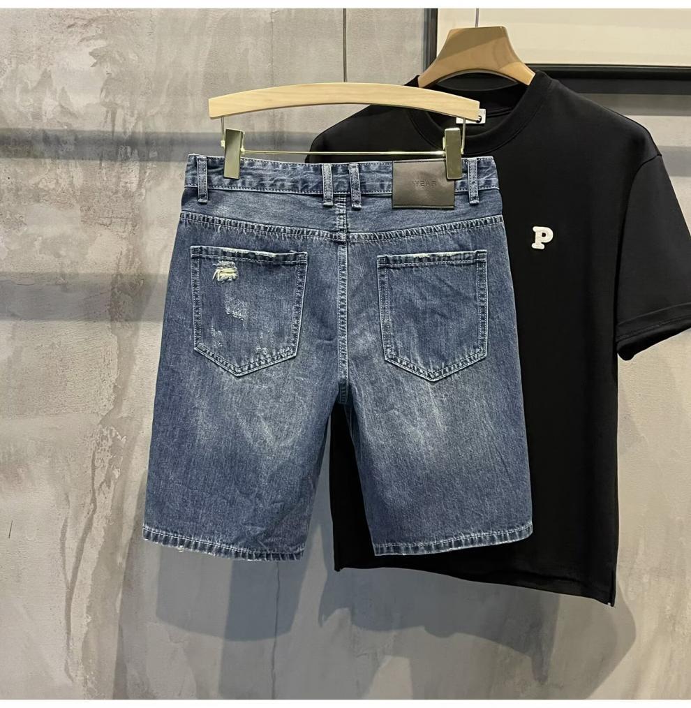 Men's Ripped Denim Shorts Casual Loose Fit Washed Perforated Straight Leg Mid Waist Trendy Summer Style Cotton Five Point Pants_mkmklike.com