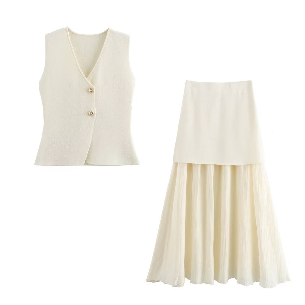 217g Weight Sleeveless Sleeve Length Polyester Fabric Type Skirt Co-ord Set Sets Type 1 Piece Quantity Holiday, Daily Occasion V Neck Neckline Slim Fit Type Solid Color Pattern Summer, Spring Season Women's Gender Button Design Elegant, Streetwear Style Holiday Daily Women's Elegant Streetwear Solid Color Polyester Button Skirt Co-ord Set Skirt Sets 无