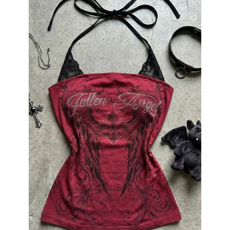 【210G 40-Count Fine Cotton 1*1】American Style Spicy Girl Fake Two-Piece Lace Halter Neck Camisole Women's Summer Top