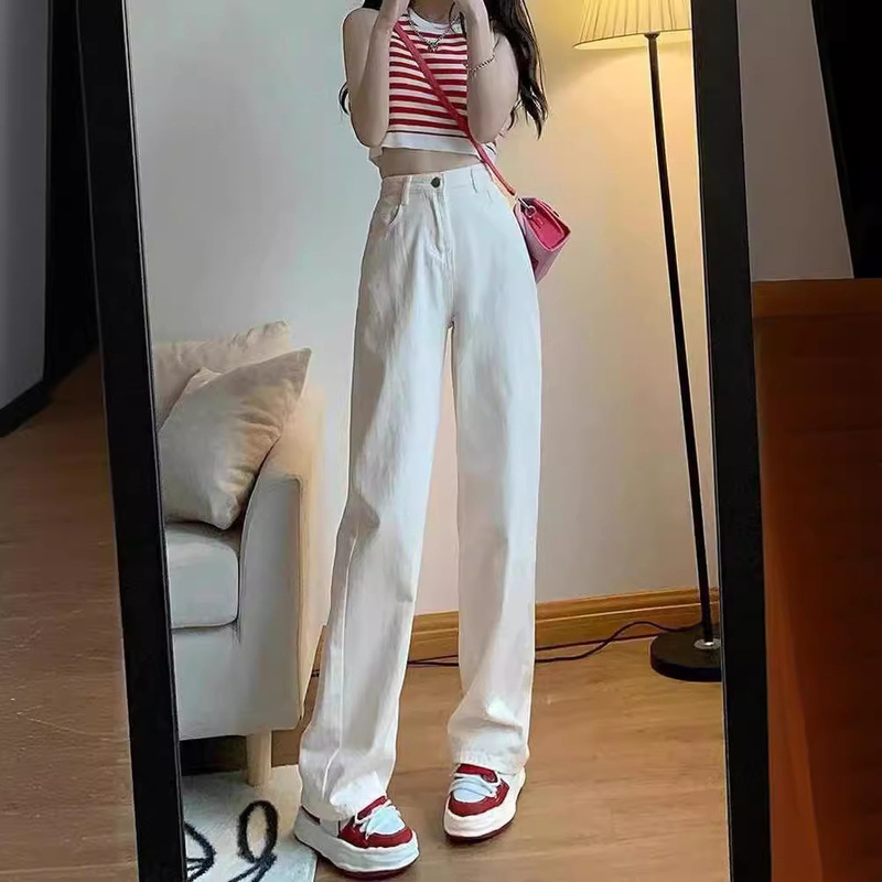 White Narrow Wide-Leg Straight Jeans for Women, Size 26, New Spring Style, High-Waisted, Slimming, Petite, Drapey, Floor-Length Pants