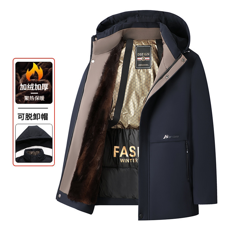 2024 winter new men's gold mink velvet long parker clothes dad middle-aged business coat fleece-lined cotton-padded clothes
