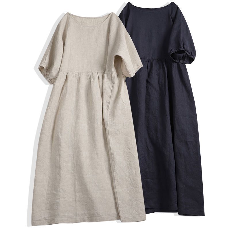 Cotton and Linen Plus-Size Short-Sleeve Dress for Women, Casual Round Neck, Loose Fit, Artistic Retro Style, 2025 New Spring-Summer Dress