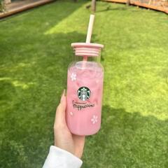スターダッドカップ サクラピンク ガラスストローカップ コーヒーミルク 耐熱卓上カップ ウォーターカップ付き 新学期ギフト
