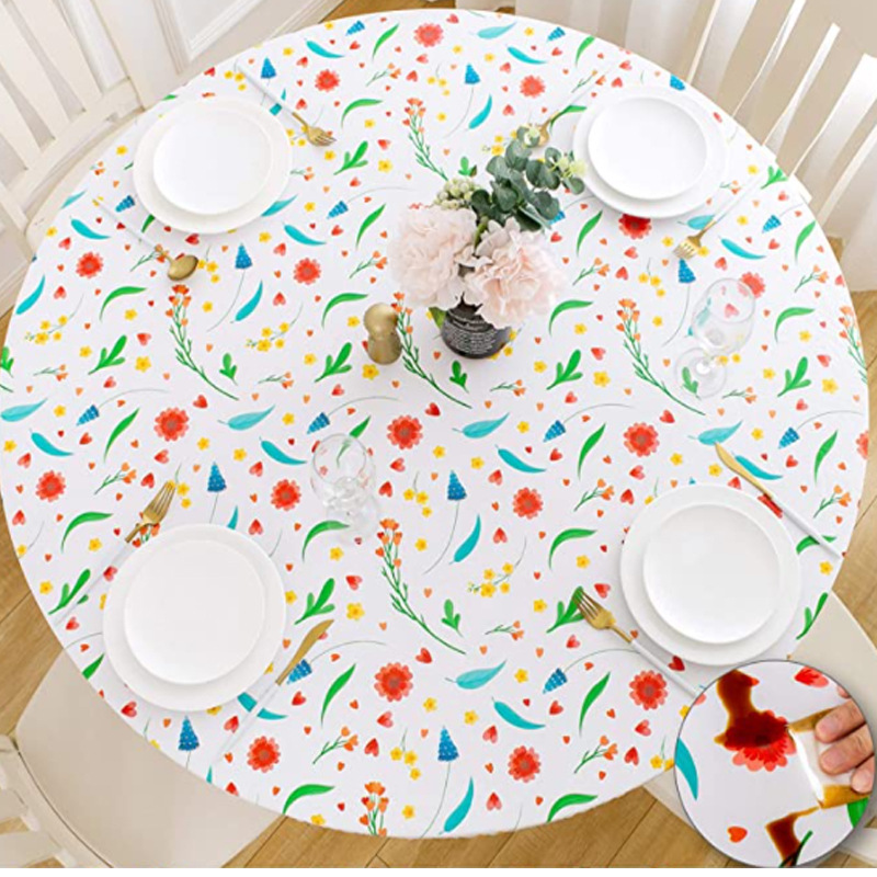Mantel redondo de PVC transfronterizo impermeable y a prueba de aceite forrado de vellón grueso transparente impreso mantel de plástico banda elástica mantel de grano de madera