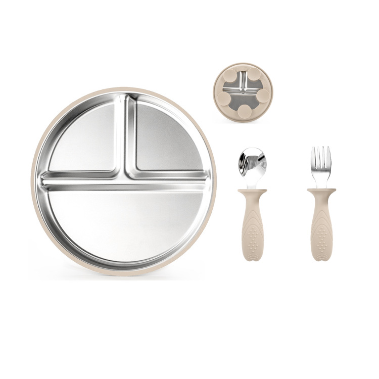 베이지 3종 - 실리콘 스테인리스 디너 접시 + 스테인리스 포크와 스푼