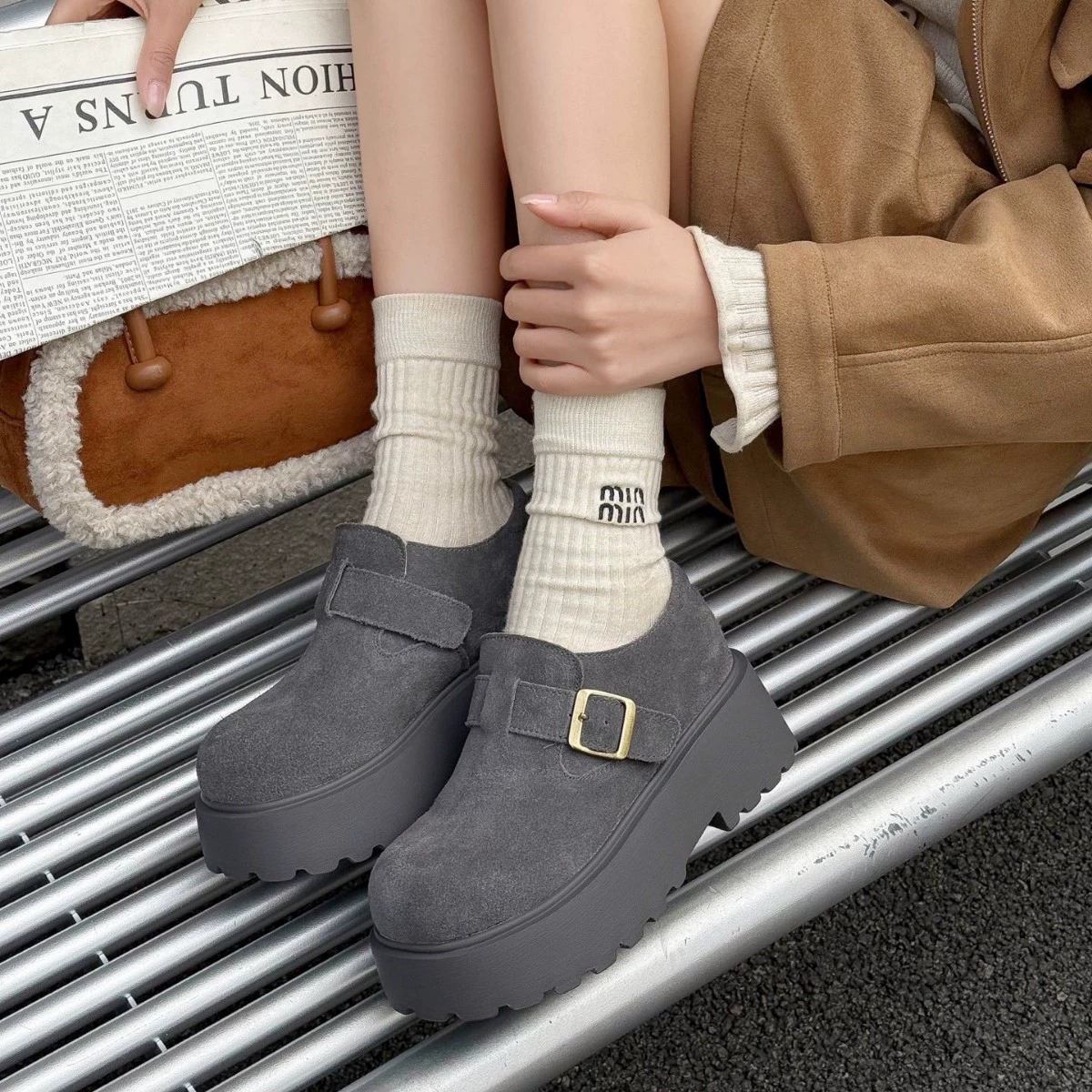 Matte leather keep warm non-slip fleece shoes platform