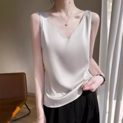 Women's Summer 2024 Silk Slip Dress Underwear Blouse Top with V-Neck, Paired with Plain Satin for Layering, Stylish and Slimming