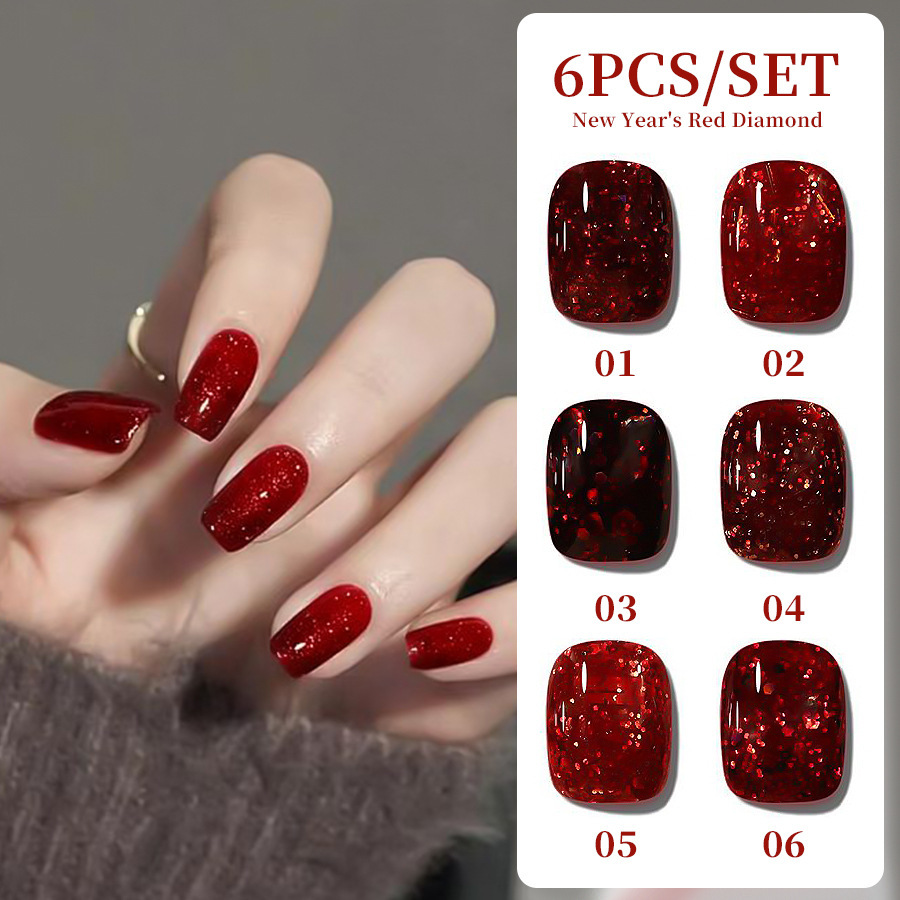 Año nuevo diamante rojo esmalte de uñas pegamento neto rojo esmalte de uñas pegamento de sangre blanco transparente rojo roto diamante flash fototerapia pegamento para salón de uñas