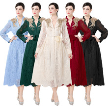 跨境外贸法式复古宫廷风礼服重工贴花刺绣收腰显瘦长款蕾丝连衣裙