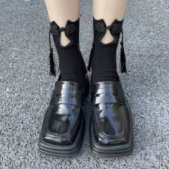 New Chinese Style National Trend Embroidered Tassels Lattice Earbud Edge Vertical Striped Cotton Medium Cuff Stack Socks Dark Black Retro