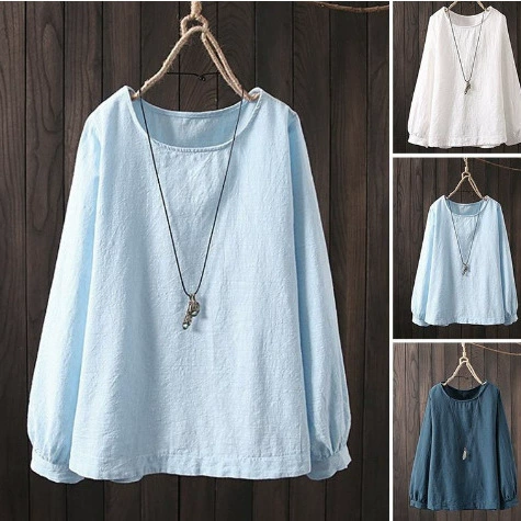 Amazon трансграничный осенний большой размер женский повседневный свободный топ с длинными рукавами большой размер круглый вырез сплошная рубашка