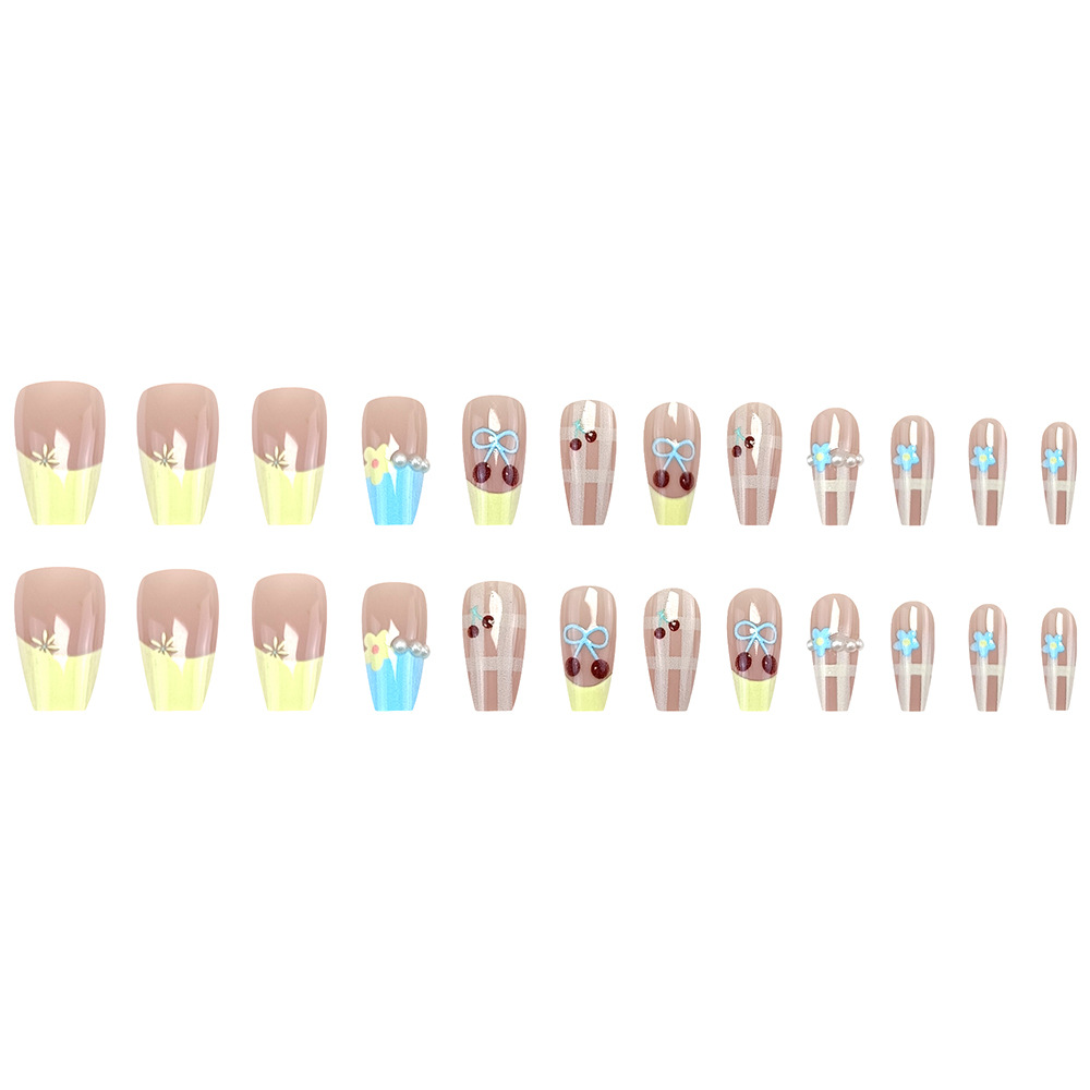 Lindas uñas de uñas de flores, estilo explosivo, parche de uñas impermeable de diamantes, 24 piezas francesas, uñas especiales para uñas