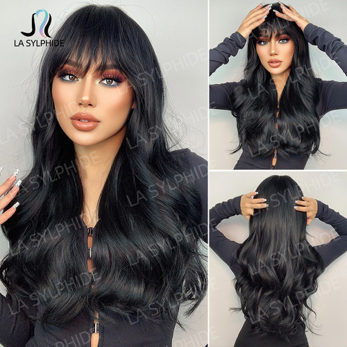1B Black Long Curly Hair Wig with Parted Bangs for Women European and American Mechanism Wigs Chemical Fiber Full Headgear Manufacturer