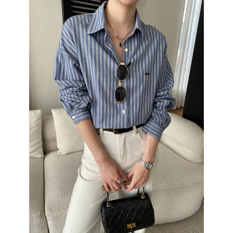 Sinnan Intellectual Blogger Style Retro Striped Heart Embroidery Turn-Down Collar Loose Cotton Long-Sleeve Shirt Sn8755