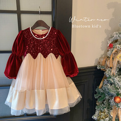 Girls' Dresses Autumn and Winter 2024 New Style Dresses Girls' Velvet Thickened Princess Dresses Puffy Gauze Skirts