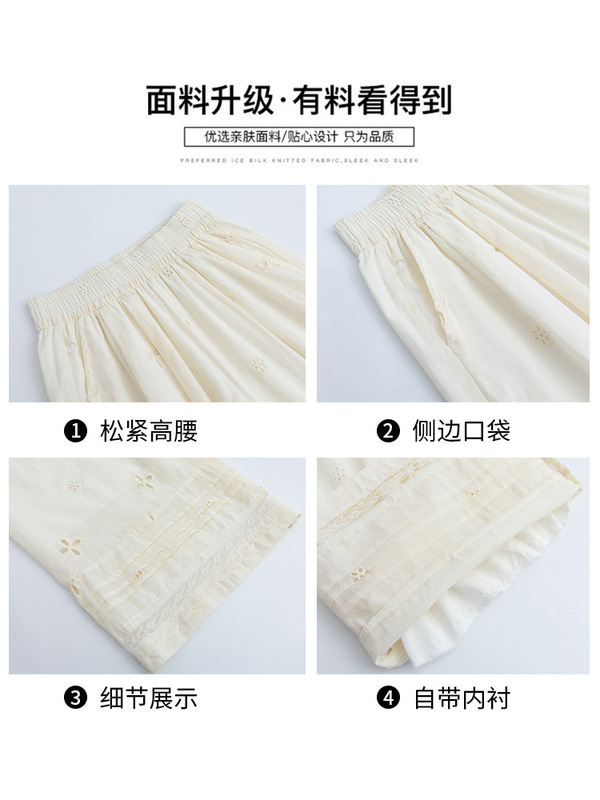 女性用ホワイトかぎ針編み中空ワイドレッグパンツ、夏用薄手デザインレーススプライシングストレートパンツ、スリムでルーズなカジュアルパンツ|undefined
