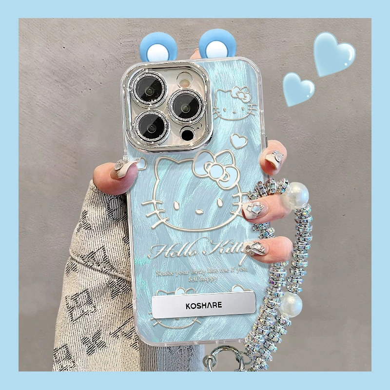 Чехол для iPhone (совместим с Apple) Hello Kitty, глиттер/зеркало, с ушной трубкой или браслетом, с плёнкой для объектива