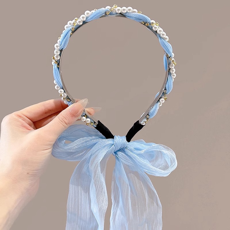 Verano flores trenzadas correa de cabello para mujeres atadas bufandas flotantes correa de cabello todo en un sistema de cinta correa de perlas correa de cabello