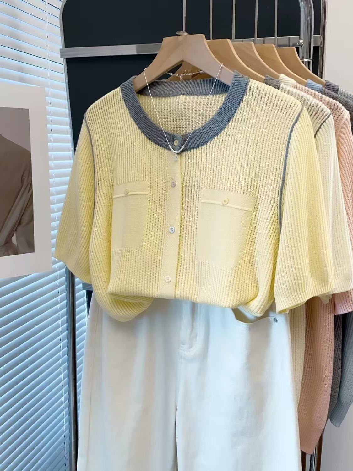 Áo cardigan len nữ cổ tròn rỗng tay ngắn dáng rộng mùa hè — xanh lam, Màu hồng, màu trắng, màu xám chi tiết 6