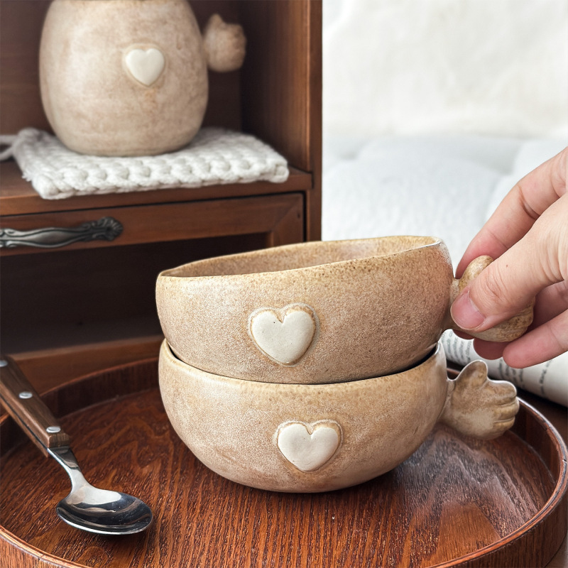 ムーニー レトロな粗い陶器のマグカップ ラブエンボス加工 かわいい小さなハンドヘルドコーヒーカップ 朝食ヨーグルト オートミールボウル|undefined
